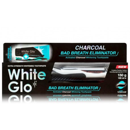 White Glo Charcoal Bad Breath Eliminator Whitening Toothpasta komplekt halba hingeõhku eemaldav hambapasta (100 ml.) + hambahari