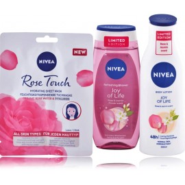 Nivea Joy Of Life rinkinys moterims (kūno losjonas 250 ml. + dušo gelis 250 ml. + lakštinė veido kaukė 1 vnt.)